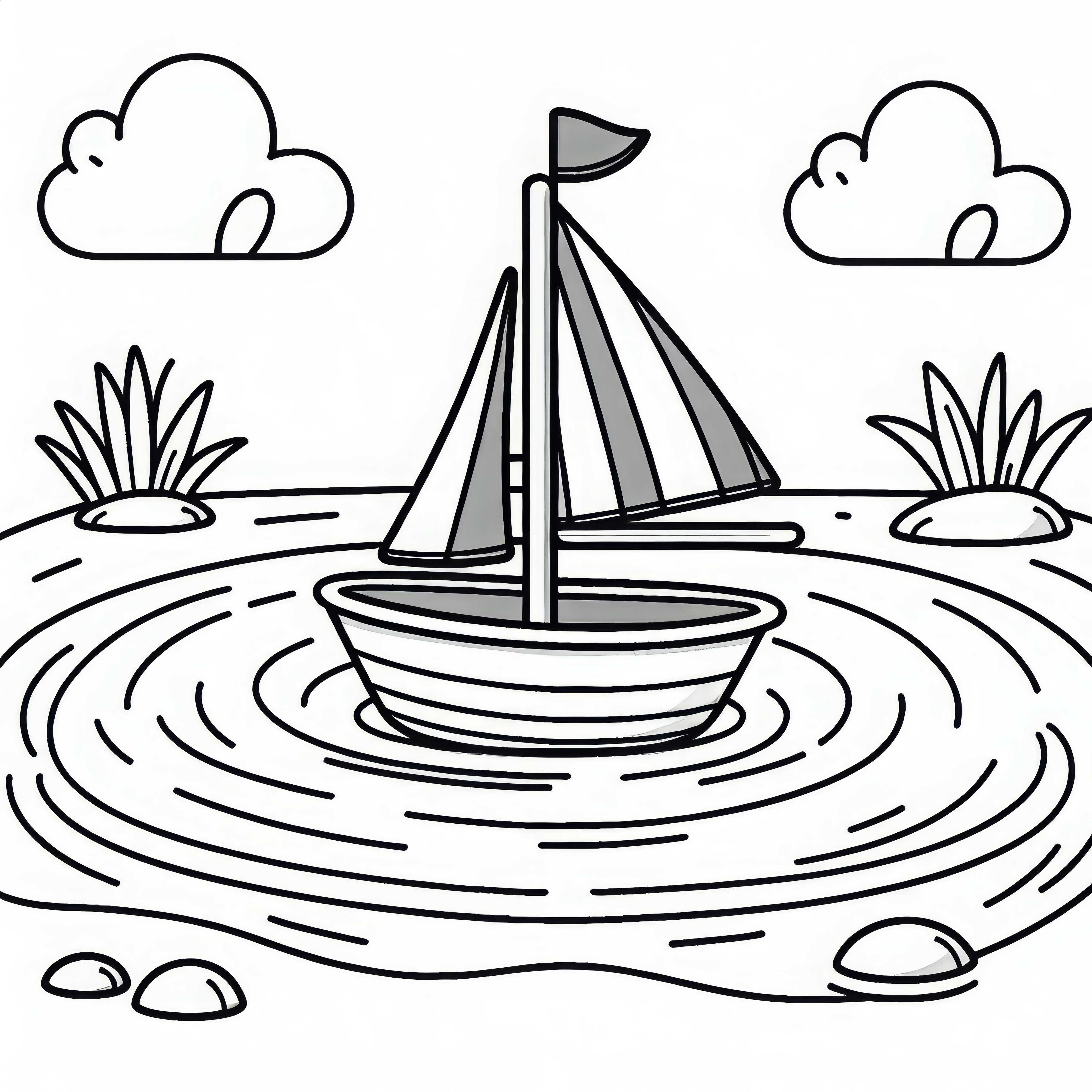 Игрушечный парусник плавает на пруду – Раскраска бесплатно Кораблик-игрушка плавает на пруду – Бесплатная раскраска