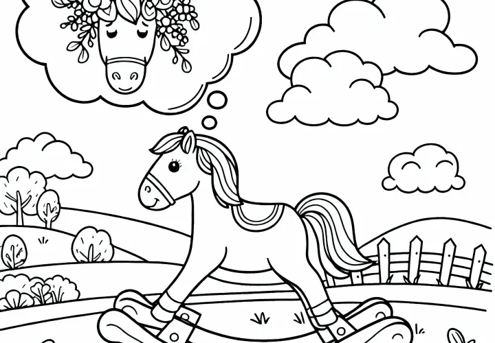 Качалка мечтает стать настоящей лошадью – раскраска бесплатно