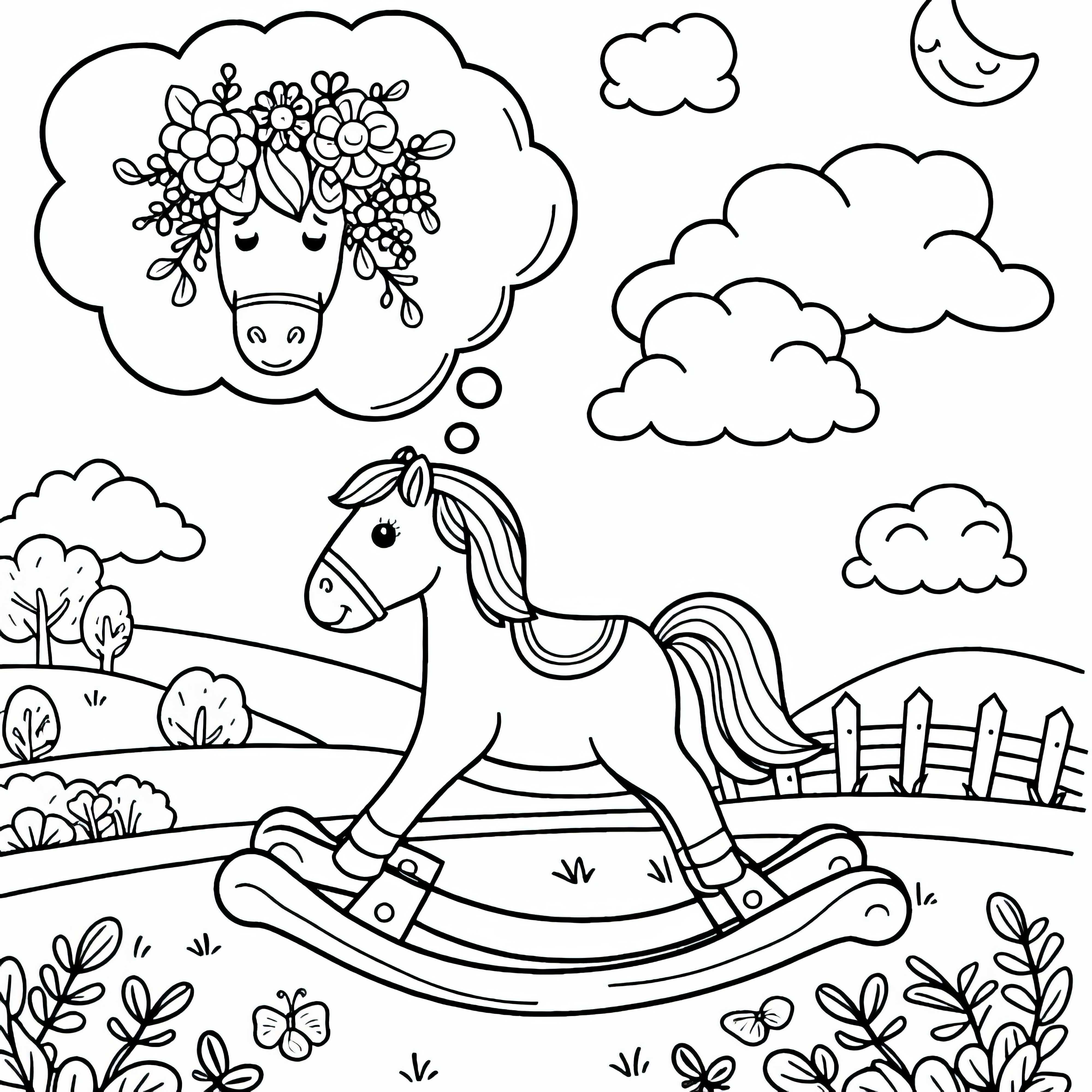 Качалка мечтает стать настоящей лошадью – бесплатный раскраска