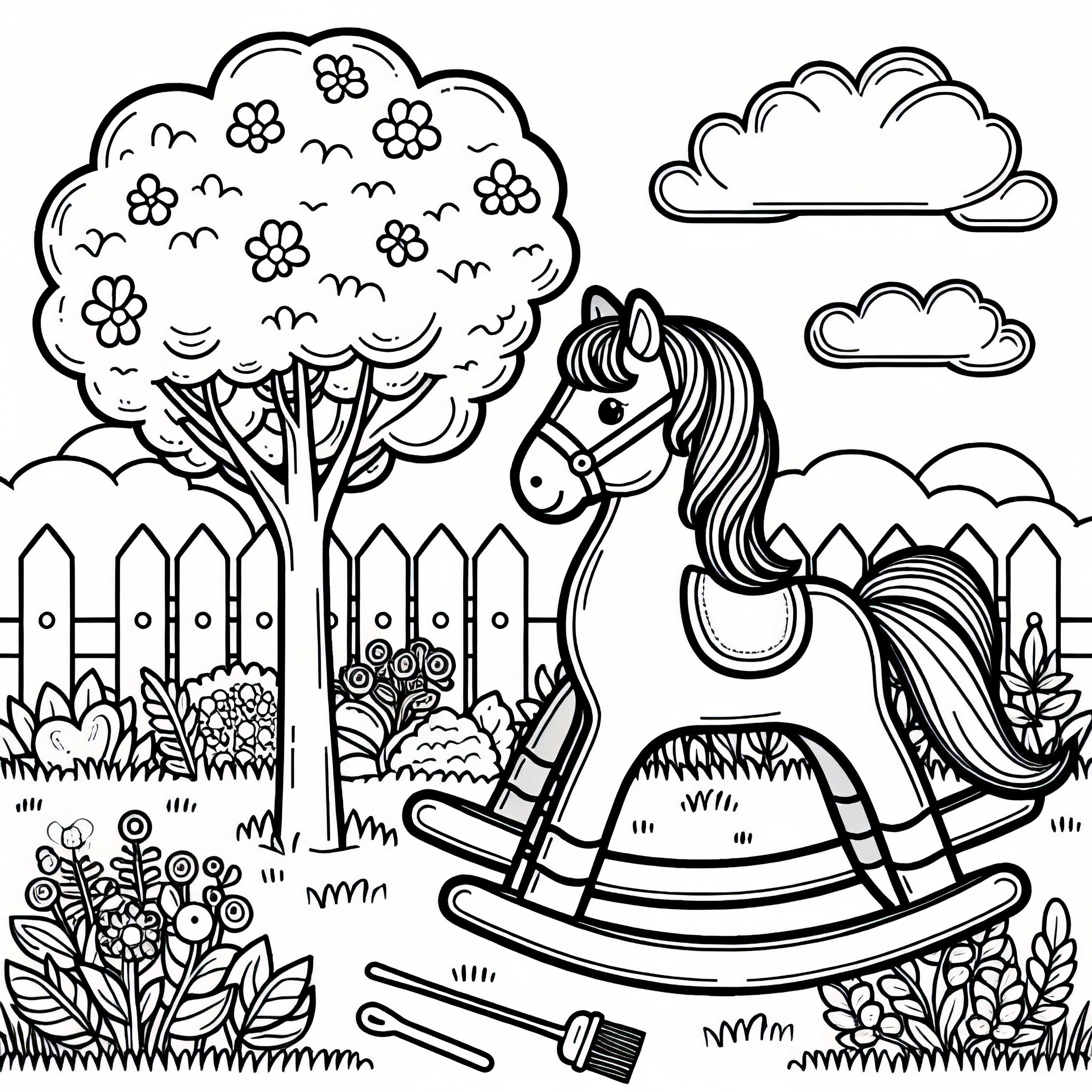 Качалка в саду - бесплатный раскраски Качели-лошадка в саду - Бесплатный раскраска