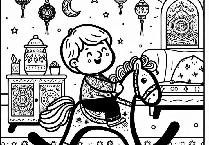 Ребёнок скачет на качелях в детской комнате – Бесплатный шаблон для раскраски