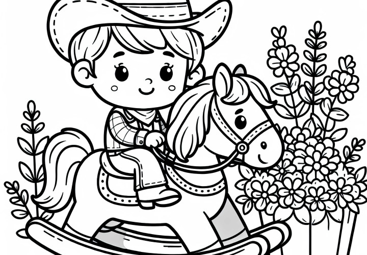 Ковбойский ребенок гордо сидит в шляпе на качалке – бесплатная раскраска