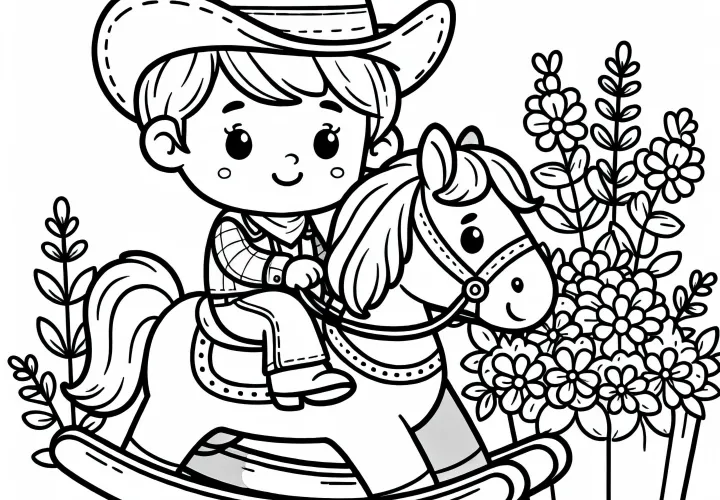 Ковбойский ребенок гордо сидит в шляпе на качалке – бесплатная раскраска