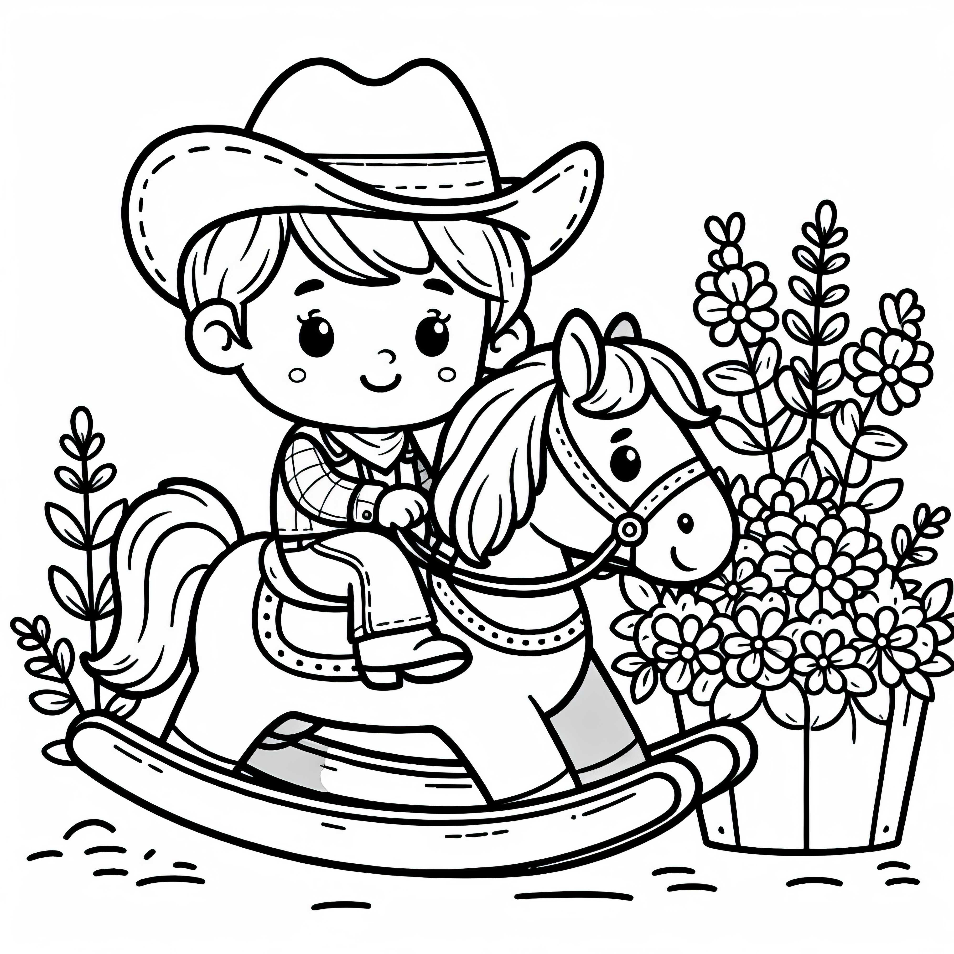 Ковбой-ребенок гордо сидит с шляпой на качающейся лошади – раскраска бесплатно Ковбой-ребенок гордо сидит с шляпой на качалке – бесплатная раскраска