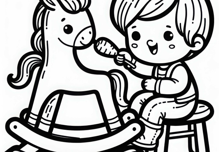 Ребёнок игриво кормит качалку морковкой – Бесплатная раскраска
