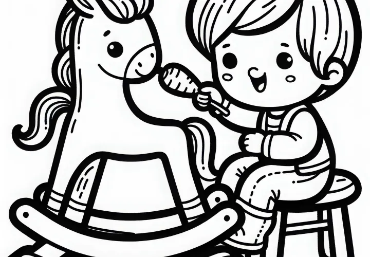 Ребёнок игриво кормит качалку морковкой – Бесплатная раскраска