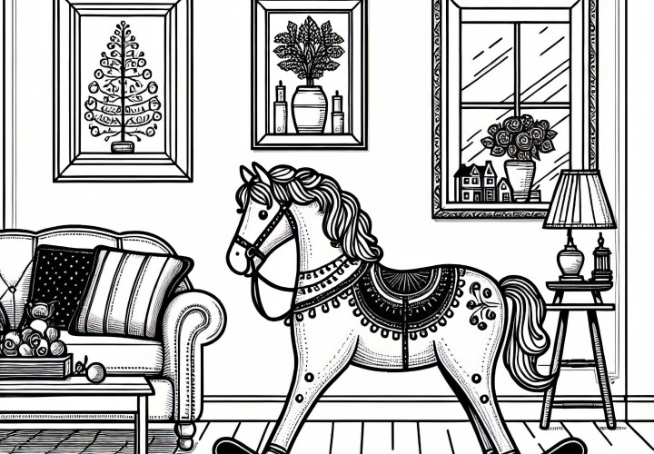 Ностальгический качающийся конь декоративно стоит в гостиной как раскраска бесплатно