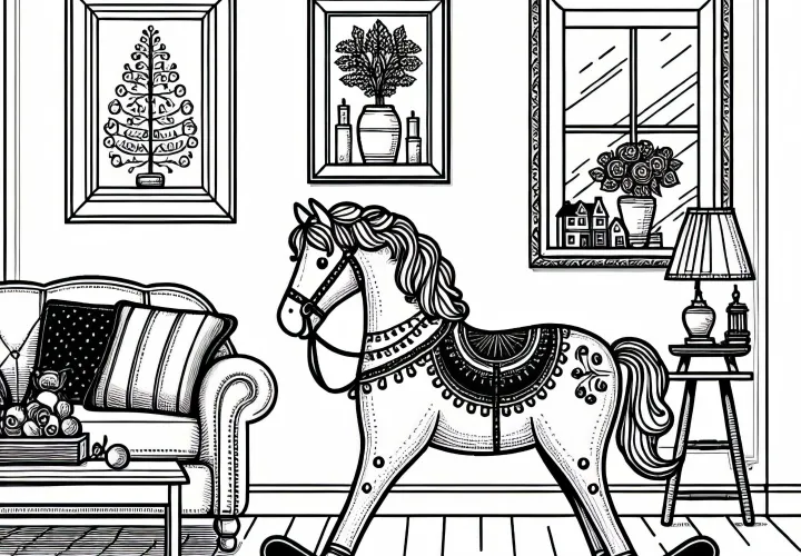 Ностальгический качающийся конь декоративно стоит в гостиной как раскраска бесплатно
