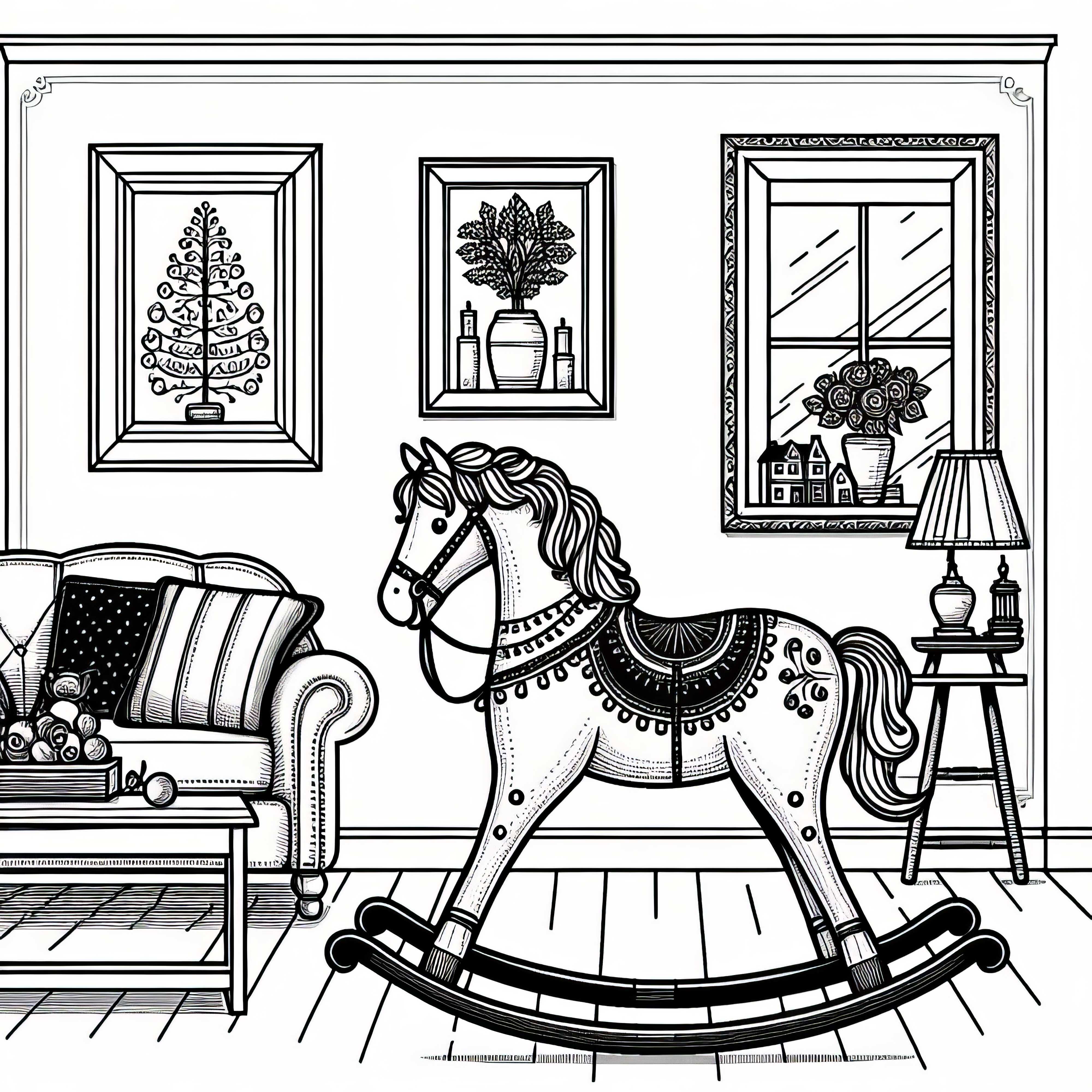 Ностальгический качающийся конь декоративно стоит в гостиной как бесплатная раскраска Ностальгический качающийся конь красиво стоит в гостиной как бесплатная раскраска