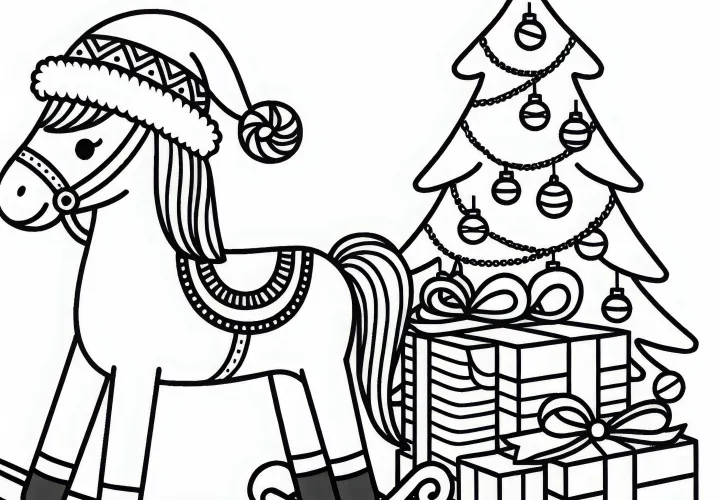 Качалка в рождественской шапке стоит рядом с рождественскими подарками – раскраска бесплатно