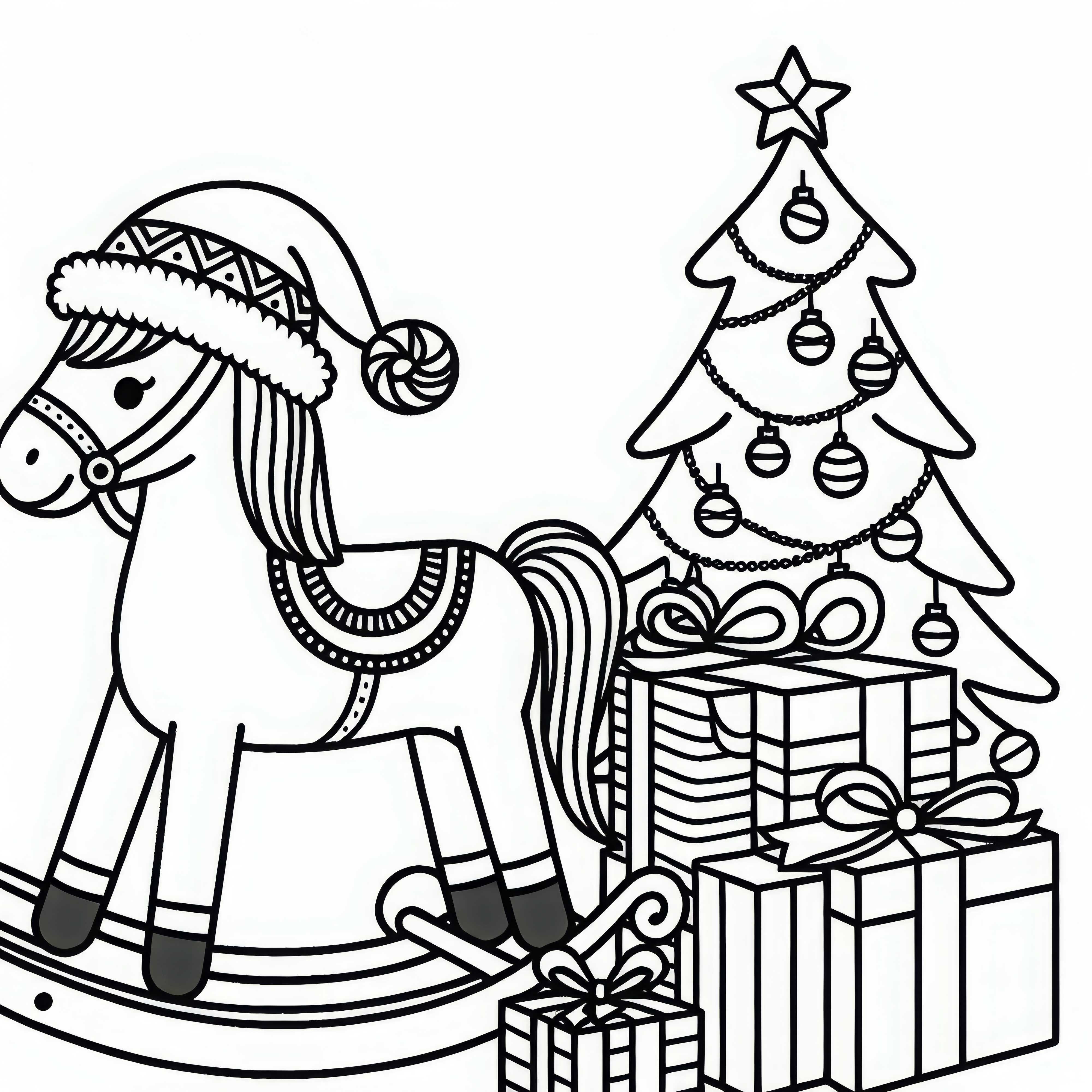 Качалка с рождественской шапкой стоит рядом с рождественскими подарками – раскраска бесплатно Деревянная лошадка с рождественской шапкой стоит рядом с рождественскими подарками – бесплатная раскраска