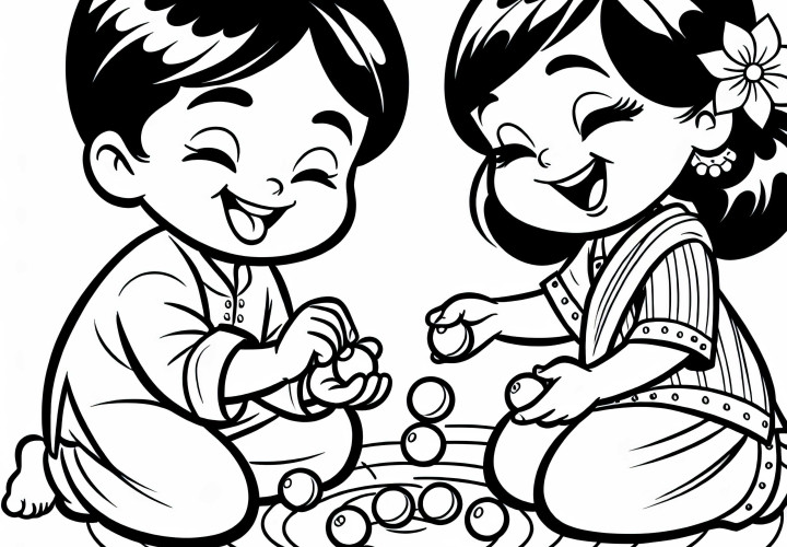 Dua anak bermain dengan antusias dengan marbles - Template mewarnai gratis