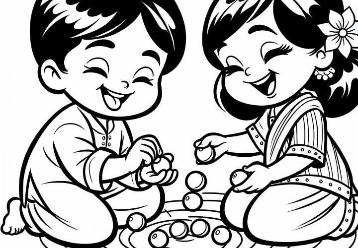 Двое детей с увлечением играют с шариками – бесплатная раскраска