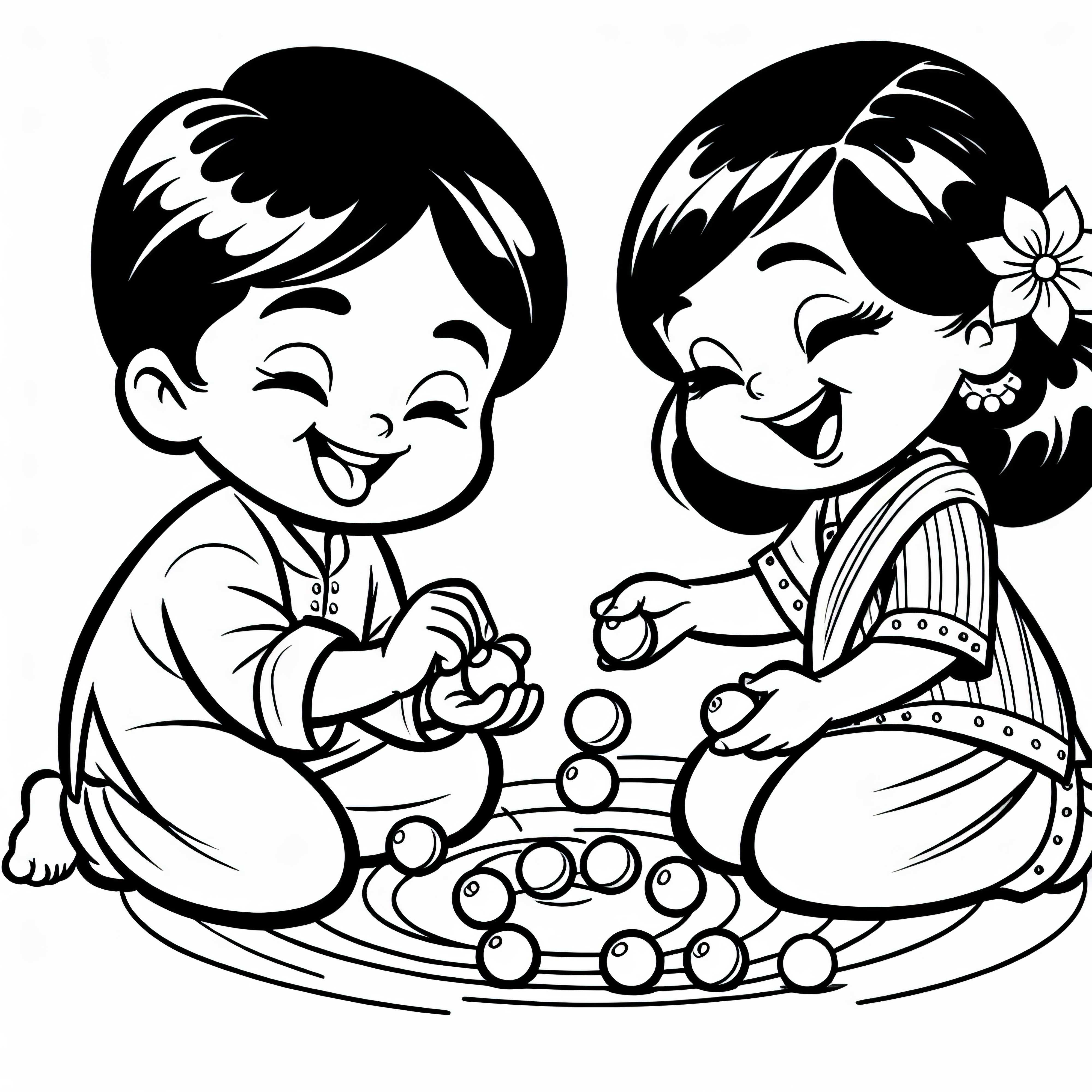 Dua anak bermain antusias dengan kelereng - template mewarnai gratis