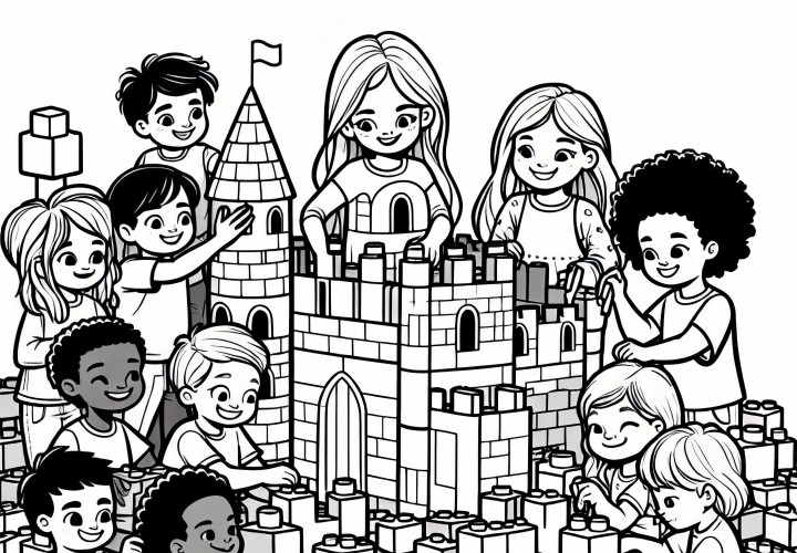 Anak-anak membangun sebuah kastil raksasa dari balok teka-teki - Gambar untuk diwarnai gratis