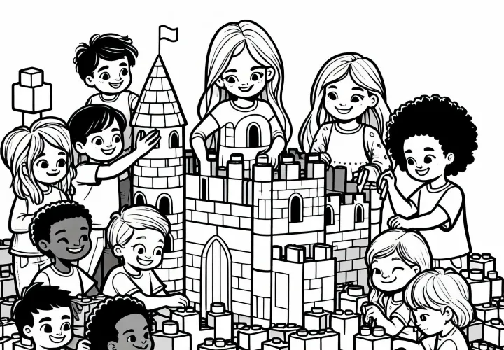 Дети строят огромный замок из строительных блоков – Бесплатная раскраска
