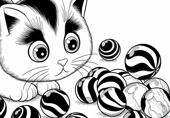 Kucing mengamati guli yang bergulir dengan penasaran - Template mewarnai gratis