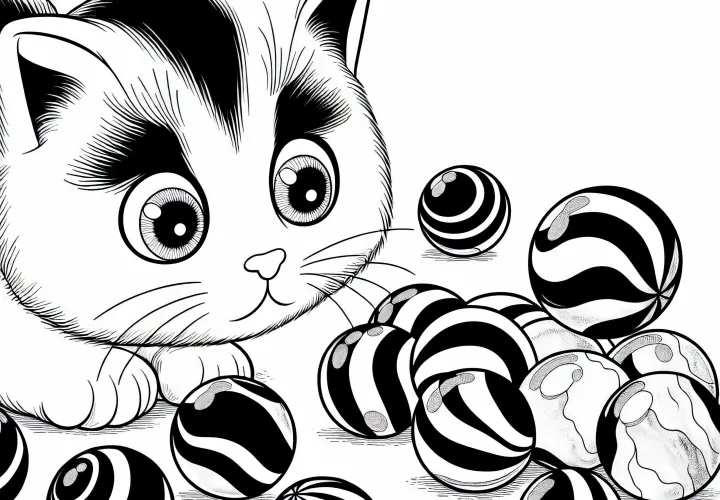 Кошка с любопытством наблюдает за катящимися шариками – раскраска бесплатно