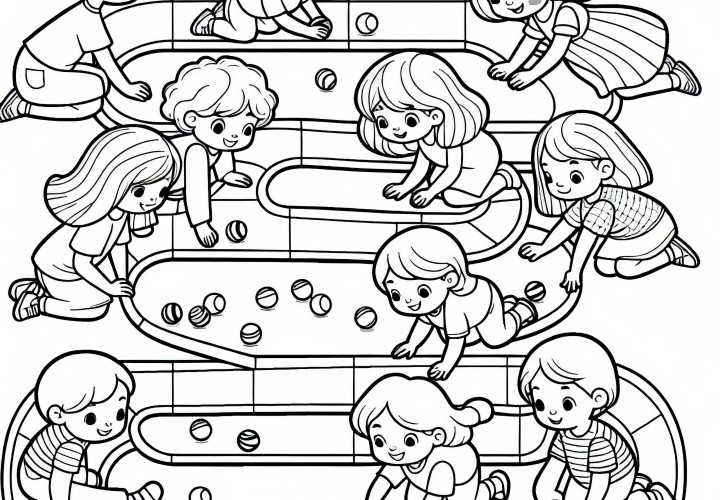 Anak-anak mengadakan perlombaan marmer di jalur marmer - Gambar untuk diwarnai gratis