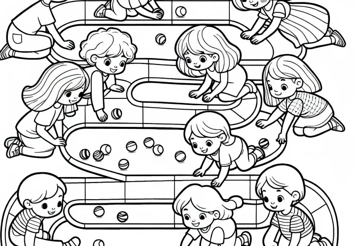Дети проводят соревнования по катанию шариков на шариковой дорожке – Бесплатная раскраска