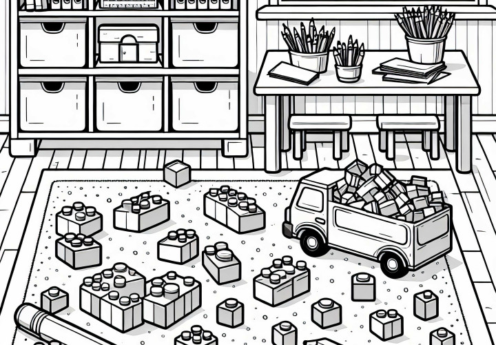 Blok bangunan terletak tersebar di karpet - Gambar mewarnai gratis