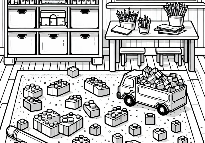 Строительные блоки лежат разбросаны на ковре – раскраска бесплатно