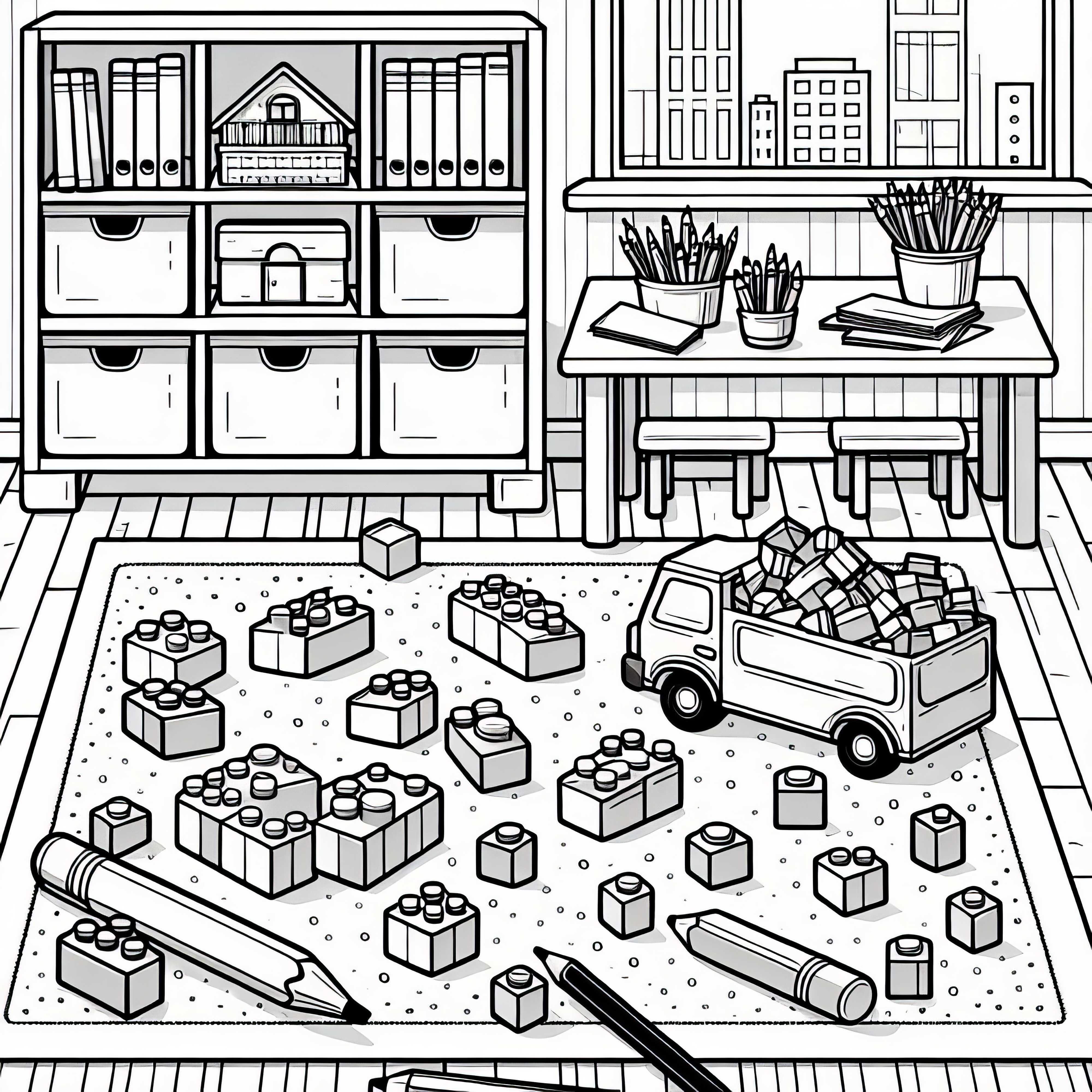 Blok bangunan terletak tersebar di karpet – Gambar untuk diwarnai gratis Bautan blok tergeletak di karpet - Gambar mewarnai gratis