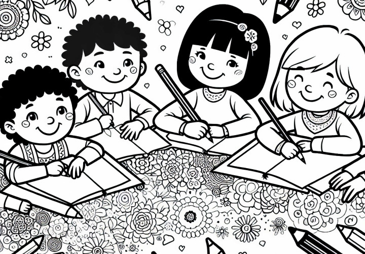 Children draw with crayons in coloring books – free coloring template for download
