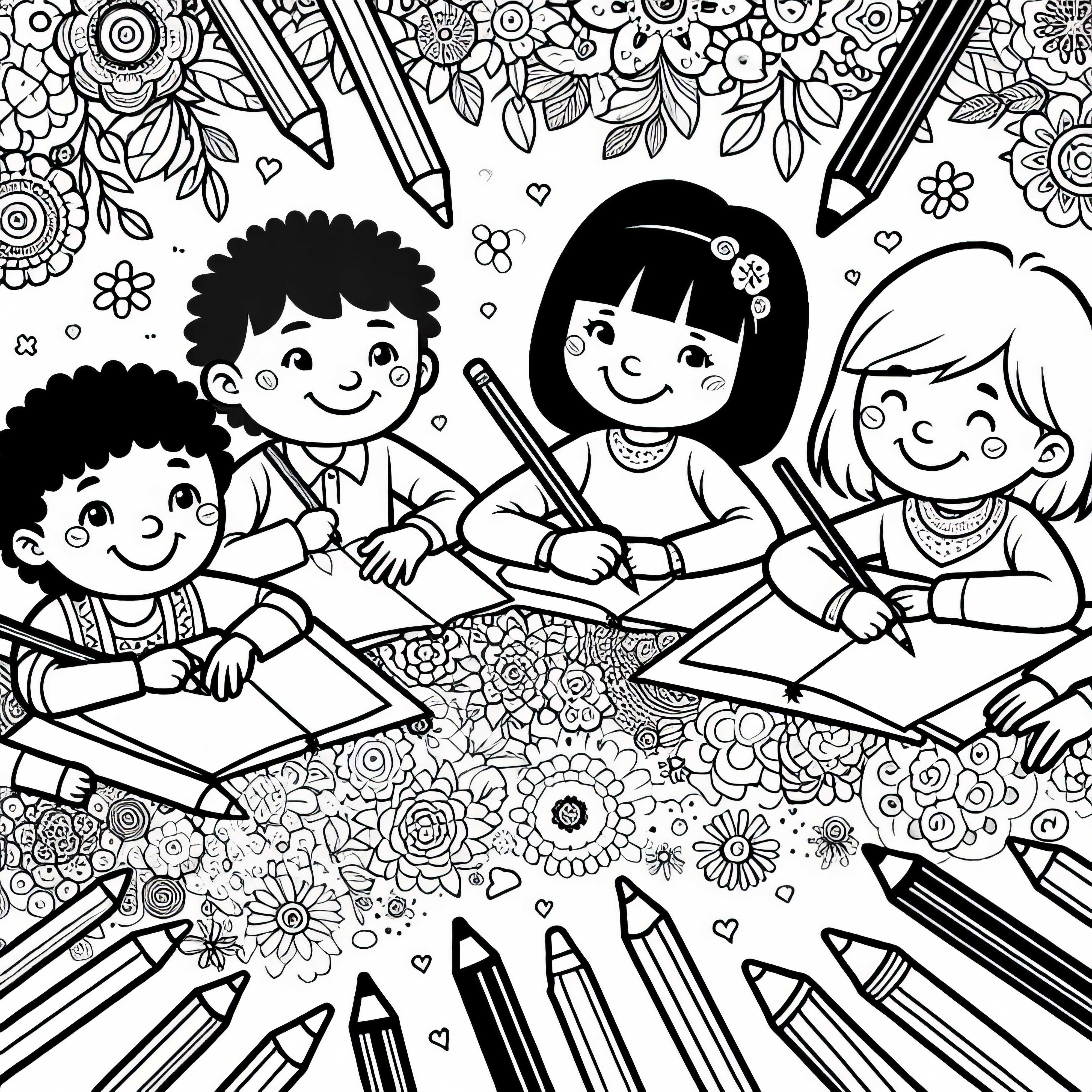 Children draw with pencils in coloring books – Free coloring template for download Children are coloring with crayons in coloring books – Coloring template available for free download