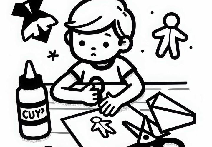 Child creates paper figures with scissors and glue - Free coloring page