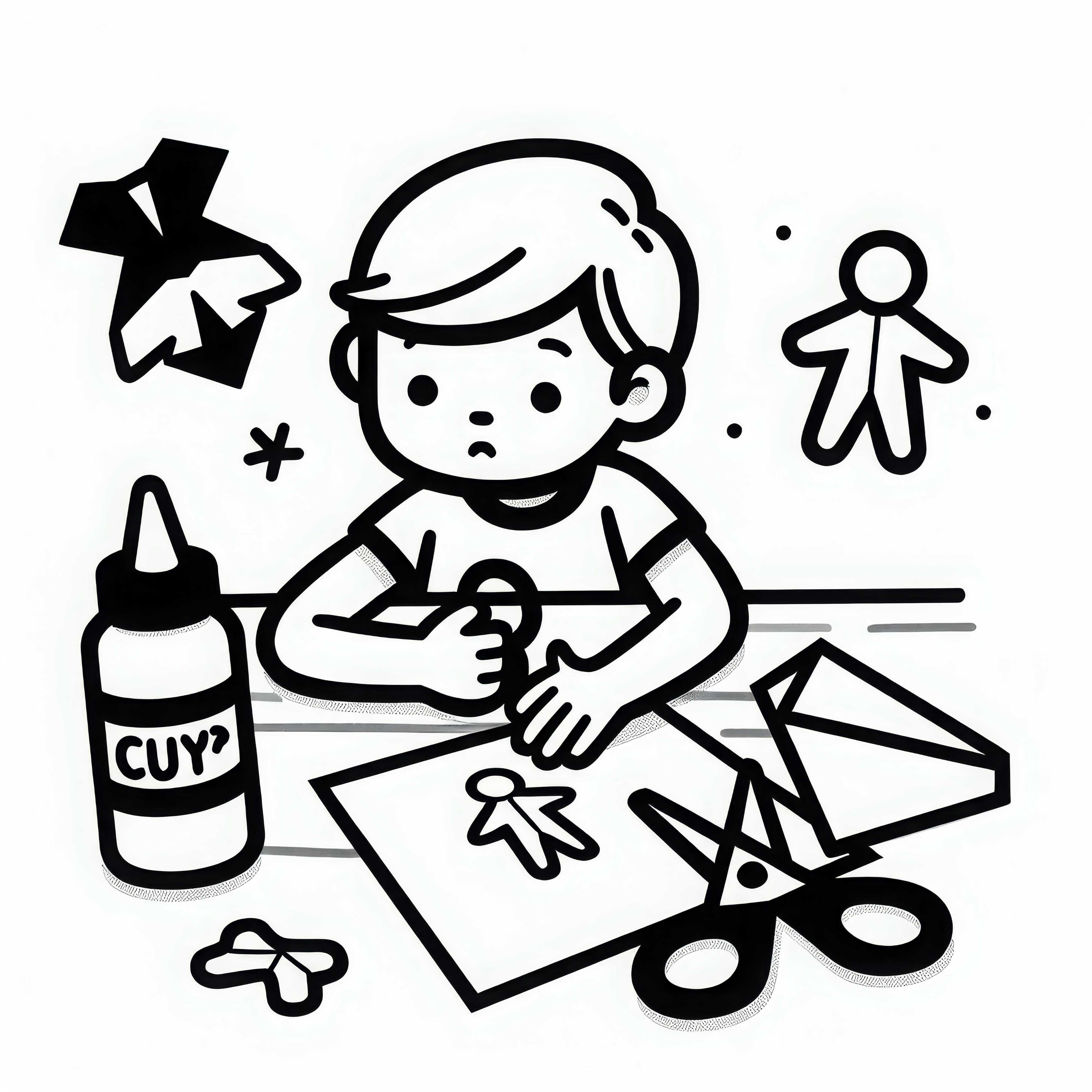 Child makes paper figures with scissors and glue – Free coloring page