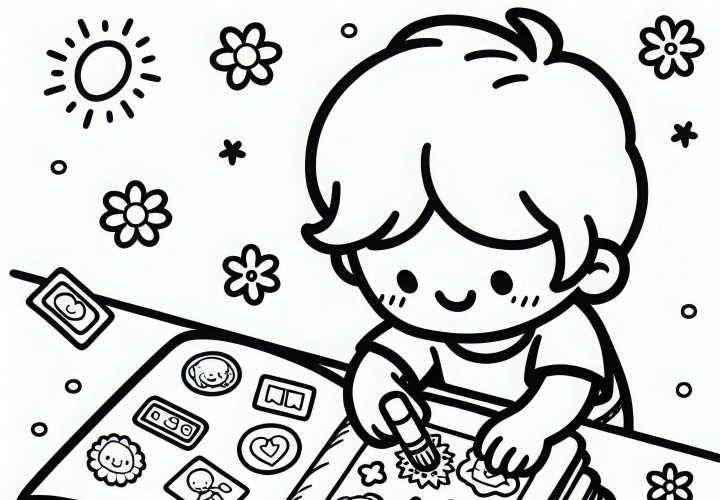 Stickers are glued into an album by children - coloring template for free