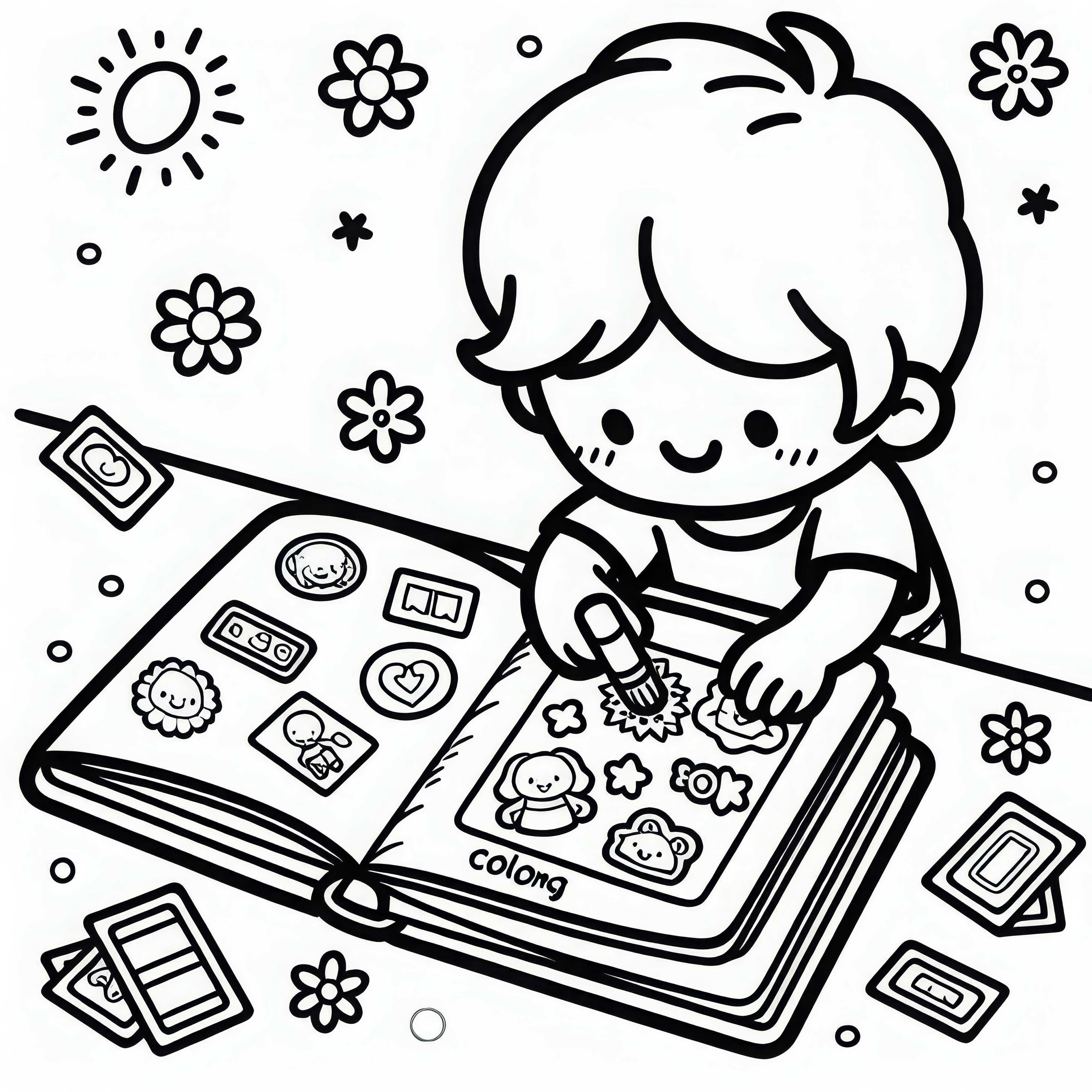 Stickers are being pasted into an album by a child – free coloring template Stickers are glued into an album by a child - free coloring template