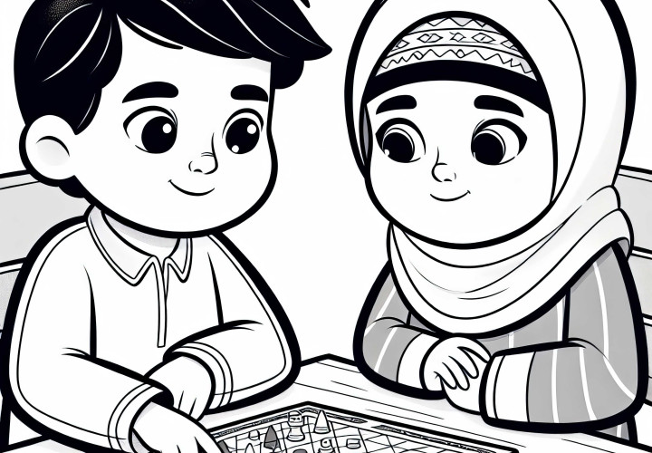 Two children are playing a board game at the table – free coloring page