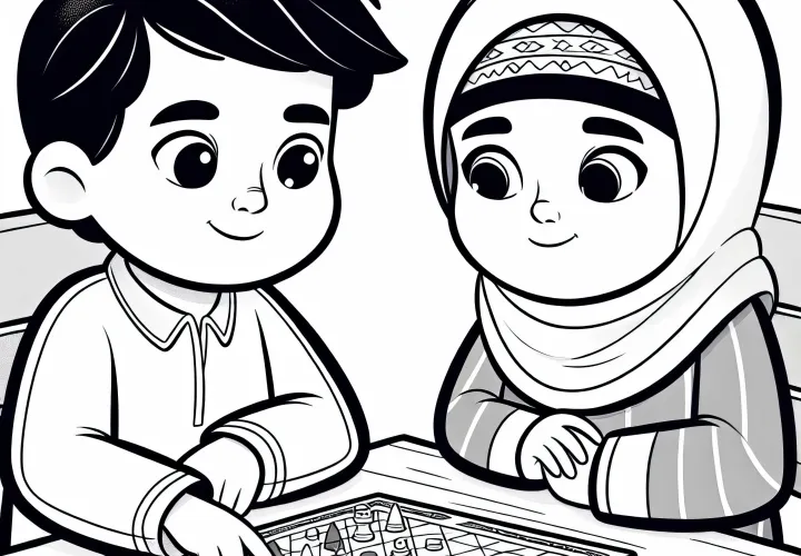 Два ребенка играют сосредоточенно в настольную игру за столом – раскраска бесплатно
