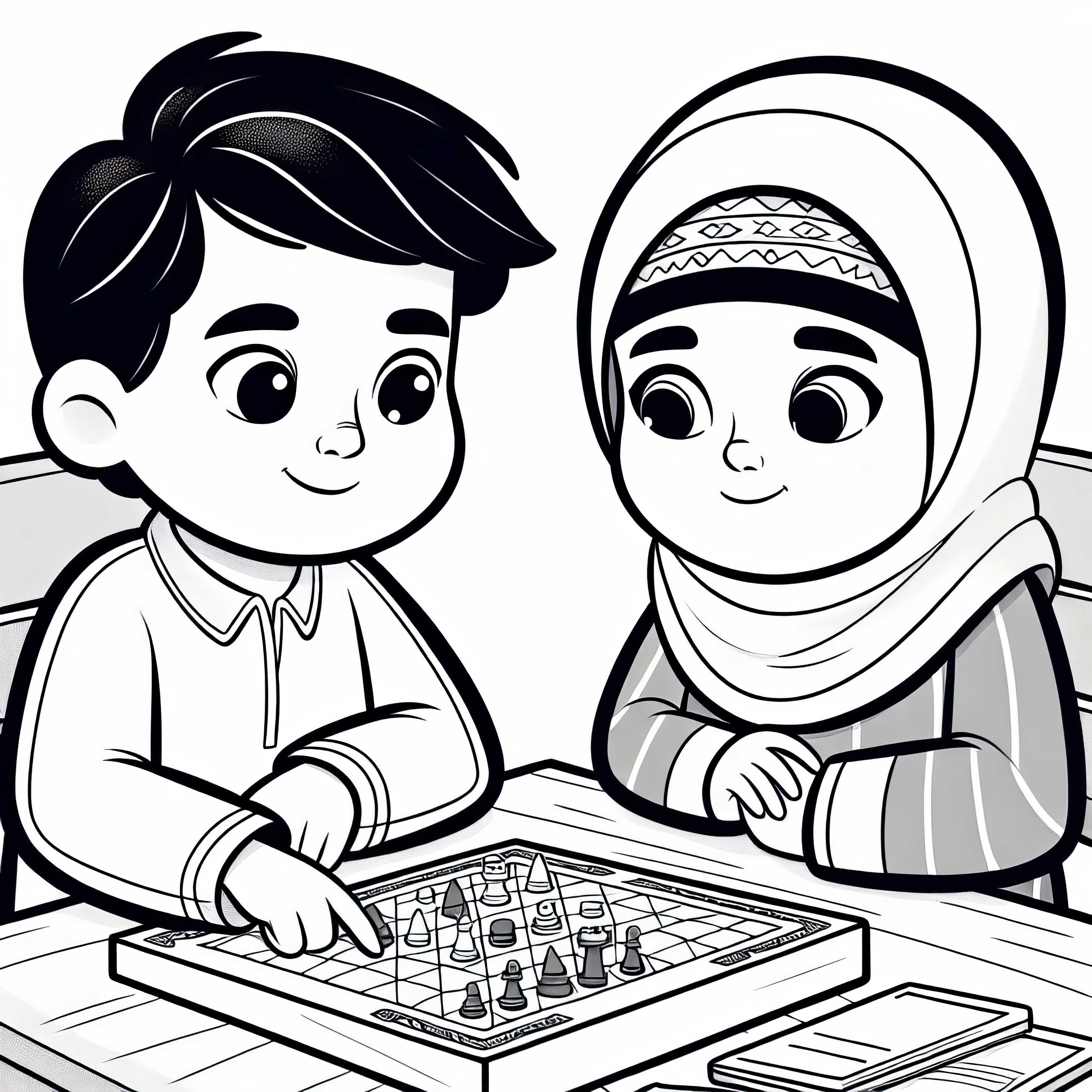 Two children are playing a board game at the table – free coloring page