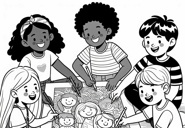 Children are painting a large poster together from a free coloring page