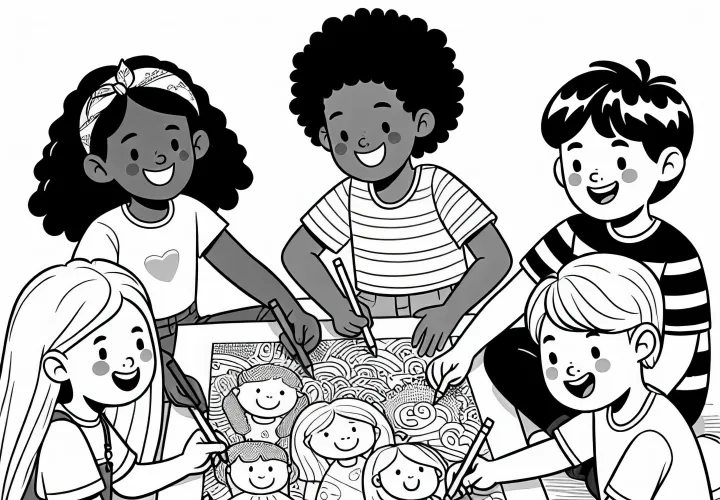 Дети вместе раскрашивают большой плакат из бесплатной раскраски