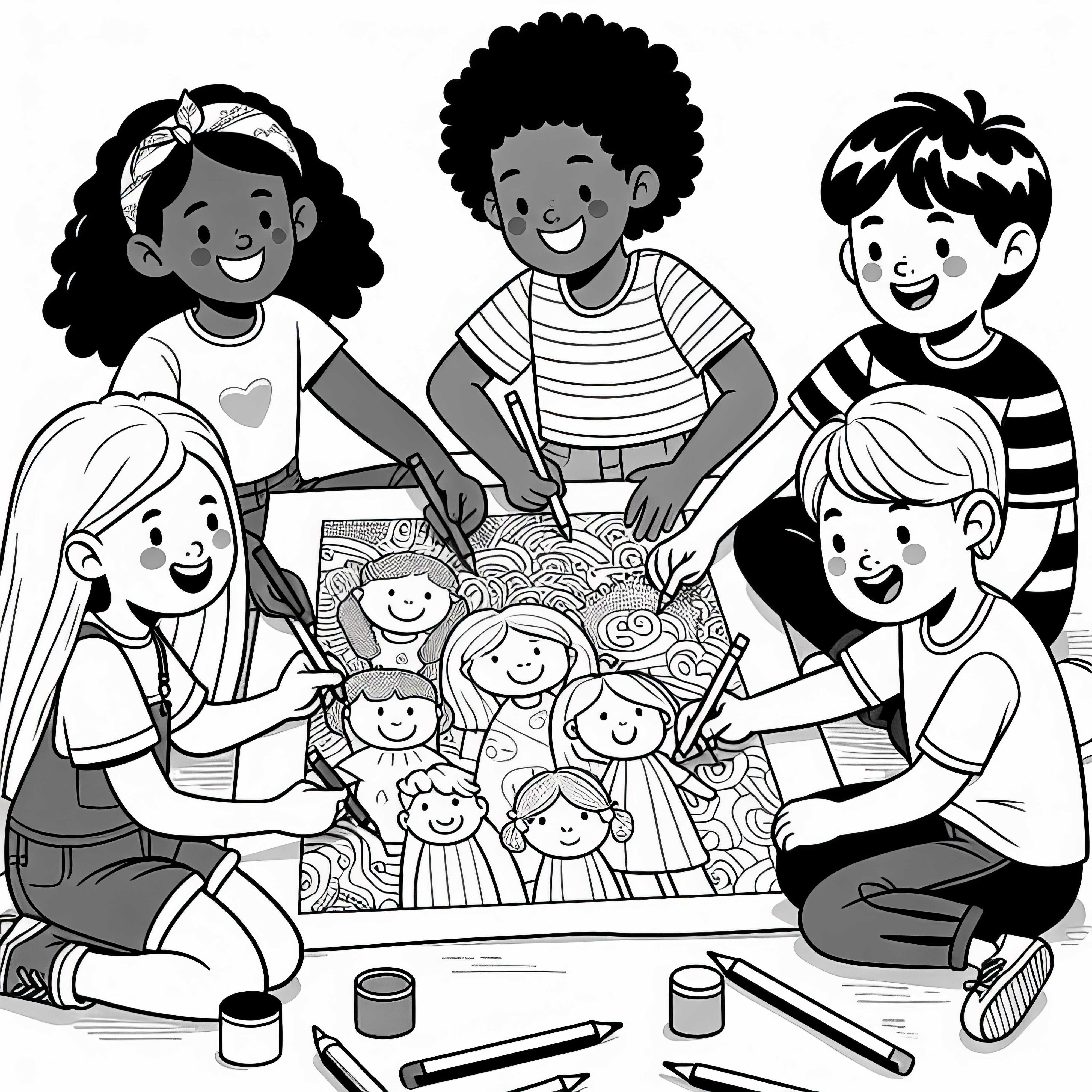 Children are coloring a large poster together from a free coloring page Children are coloring a large poster together from a free coloring page