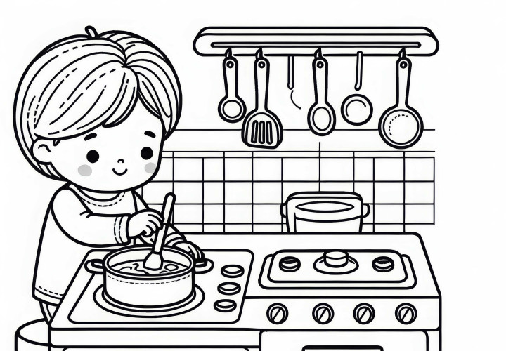 Ребенок игриво готовит на игровой кухне – бесплатно скачать раскраску