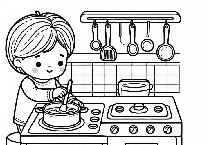 Ребенок игриво готовит на игровой кухне – бесплатно скачать раскраску