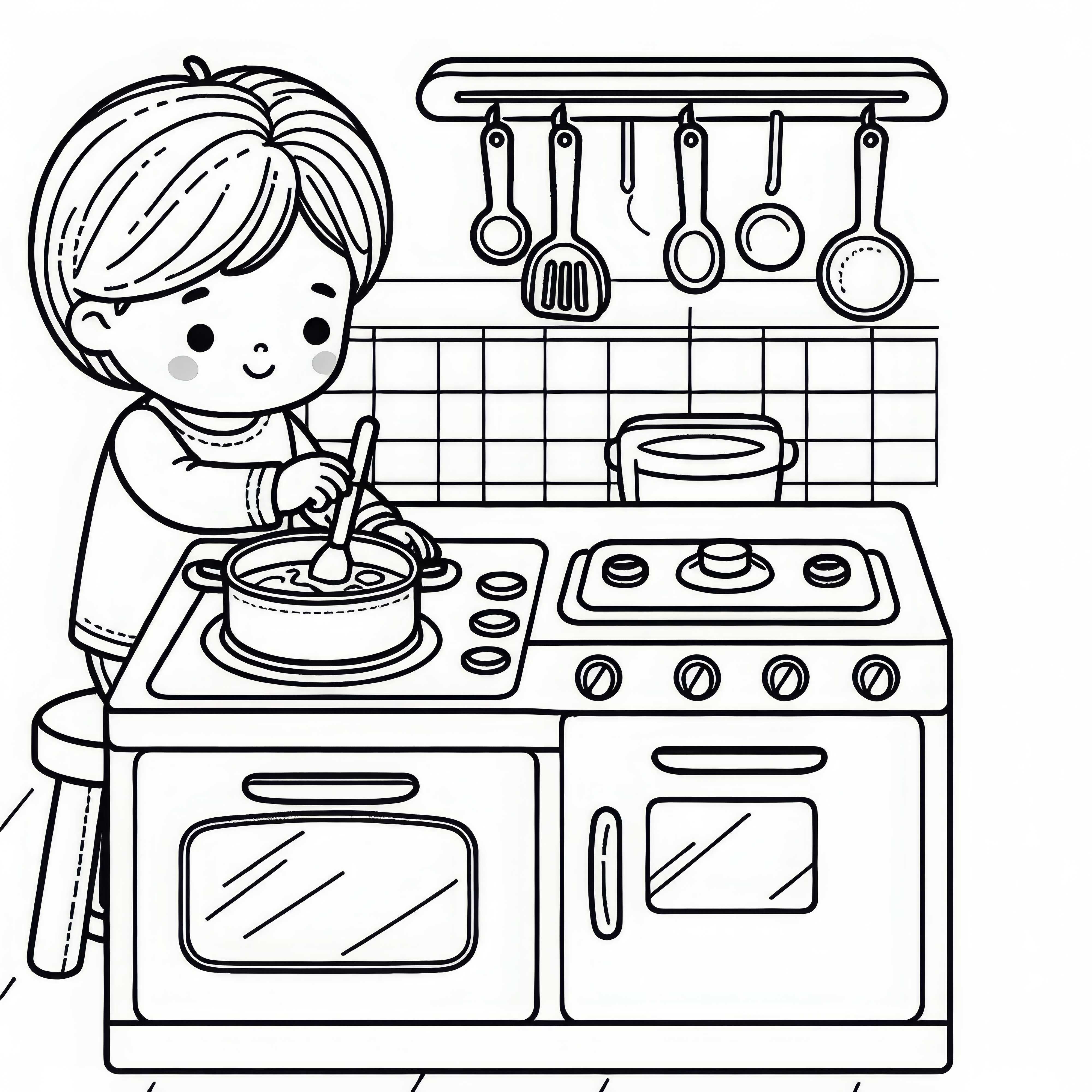 Ребёнок игриво готовит на игровой кухне – бесплатный шаблон для раскраски для скачивания Дети игриво готовят на игroвой кухне – бесплатный шаблон для раскрашивания для загрузки