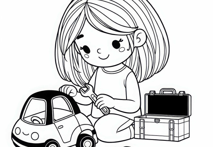 Ребенок ремонтируетToy машину с помощью набора инструментов – бесплатная раскраска