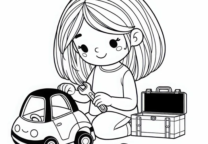 Ребенок ремонтируетToy машину с помощью набора инструментов – бесплатная раскраска