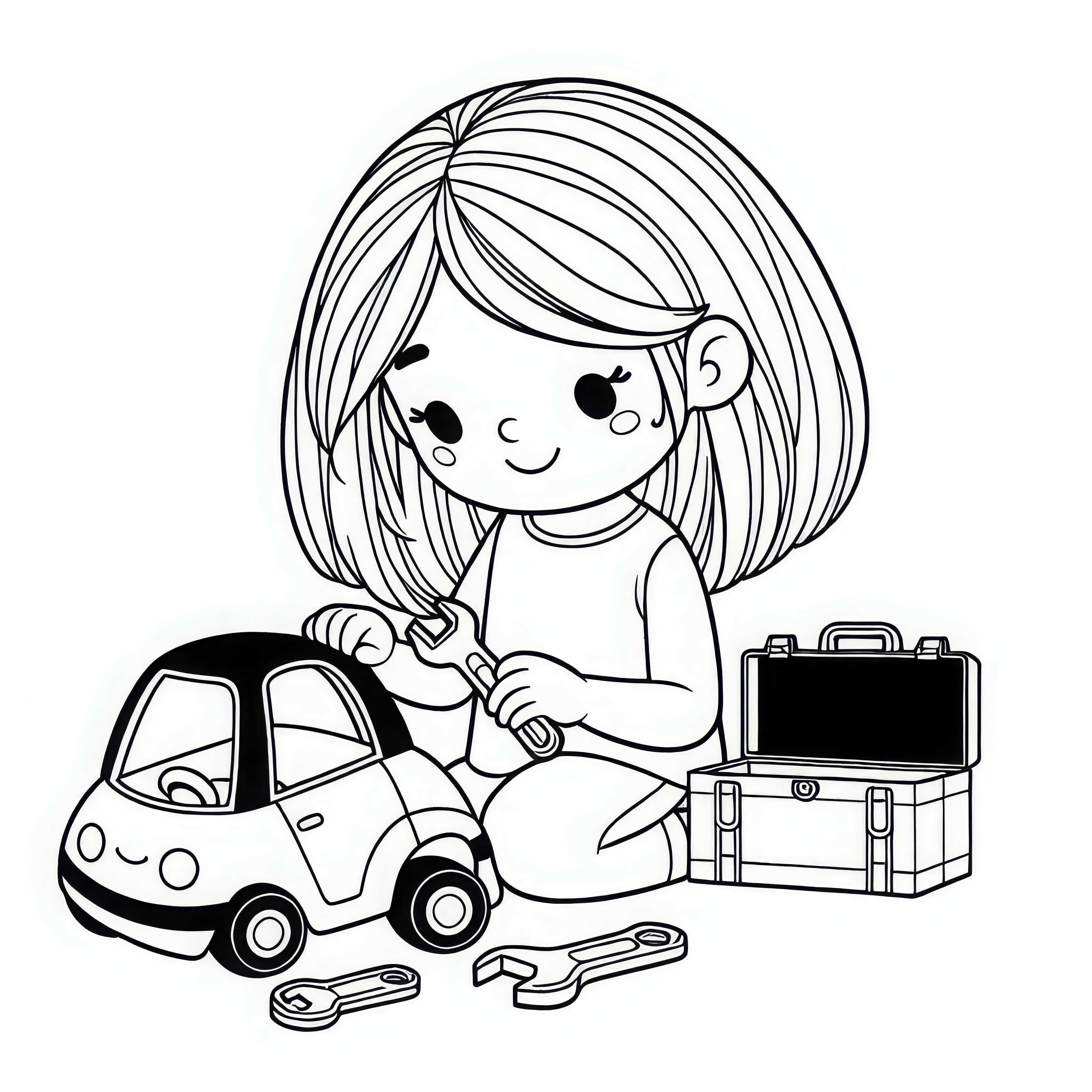 Ребёнок чинит игрушечную машину с набором инструментов – Раскраска бесплатно