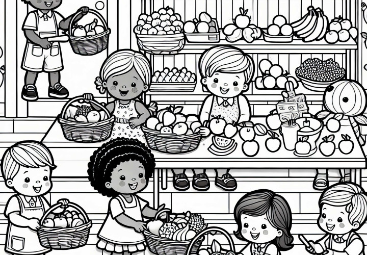 Дети играючи покупают и продают фрукты в магазине – раскраска бесплатно