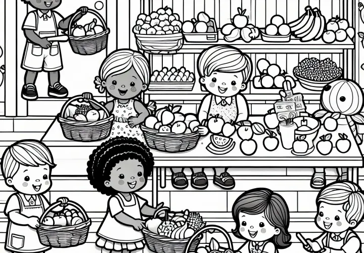 Дети играючи покупают и продают фрукты в магазине – раскраска бесплатно