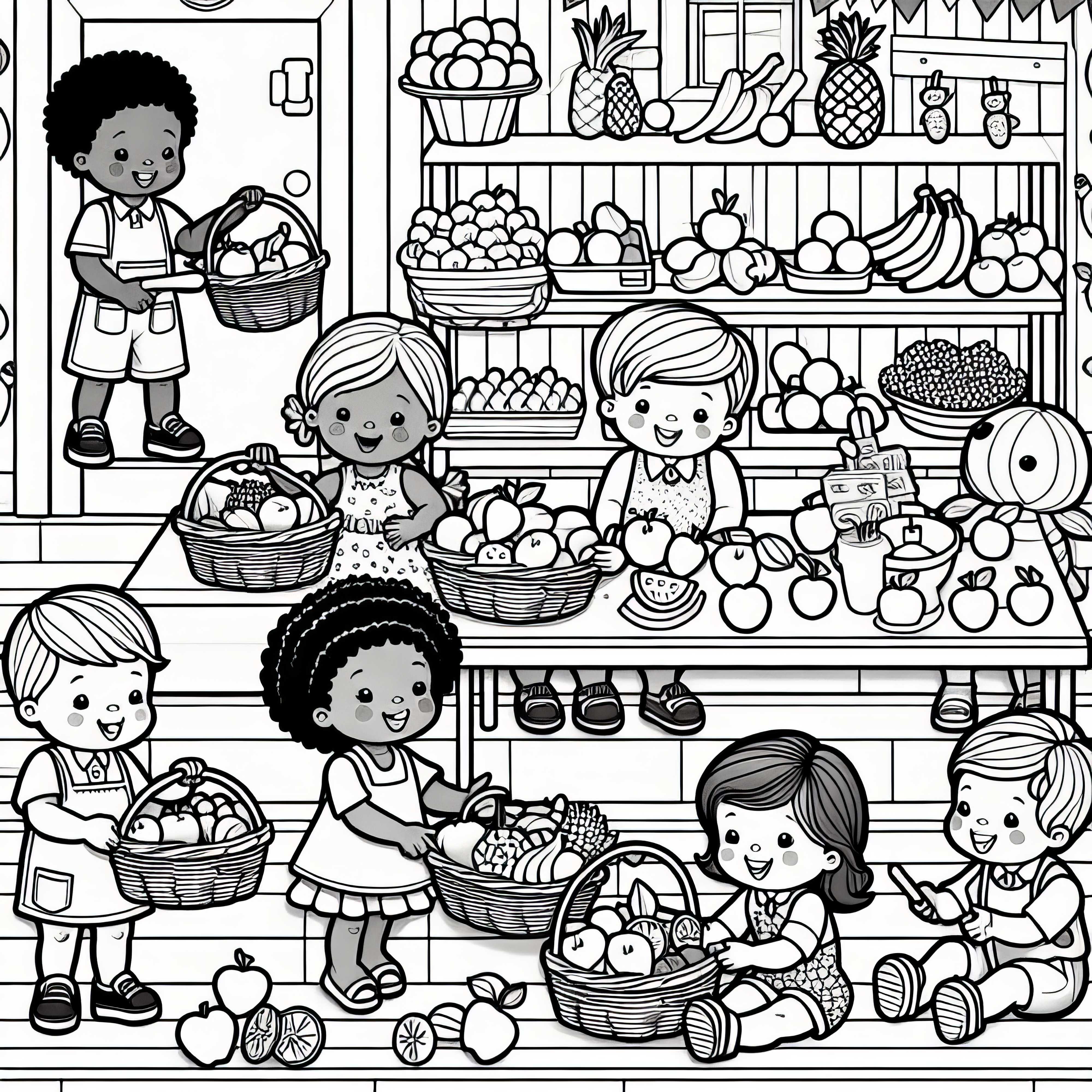 Дети играючи покупают и продают фрукты в магазинчике – Раскраска бесплатно Дети игриво покупают и продают фрукты в магазине – бесплатная раскраска