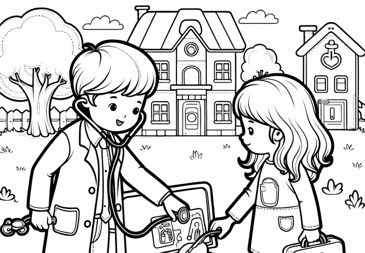 Два ребенка играют в врача и пациента с медицинским чемоданом – раскраска бесплатно