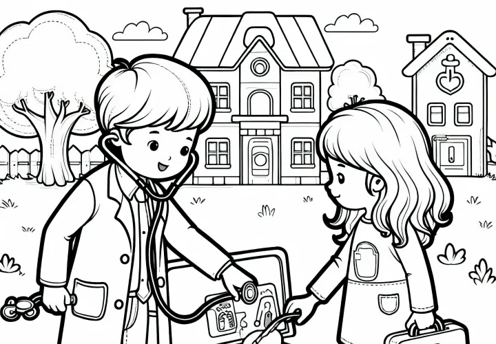 Два ребенка играют в врача и пациента с медицинским чемоданом – раскраска бесплатно